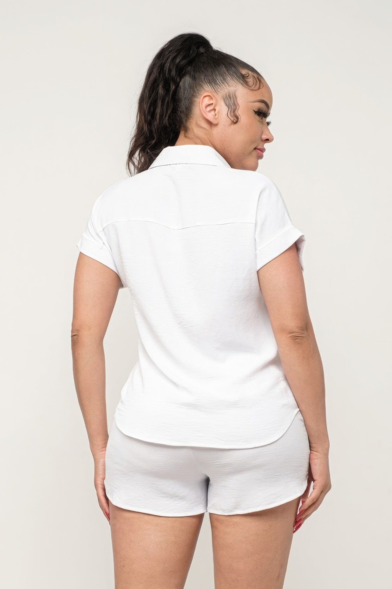 Women's Dolman Collared Button Down Shirt Top & Shorts Set Loose Fit Pockets