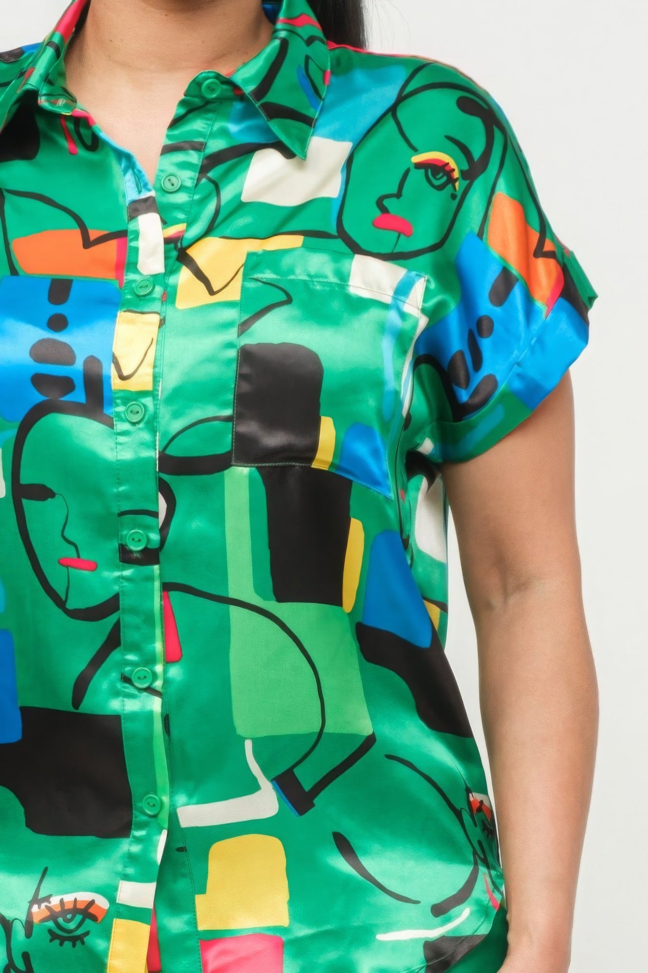 Women's Satin Dolman Printed Collared Shirt Top & Shorts Set Loose Fit Pocket