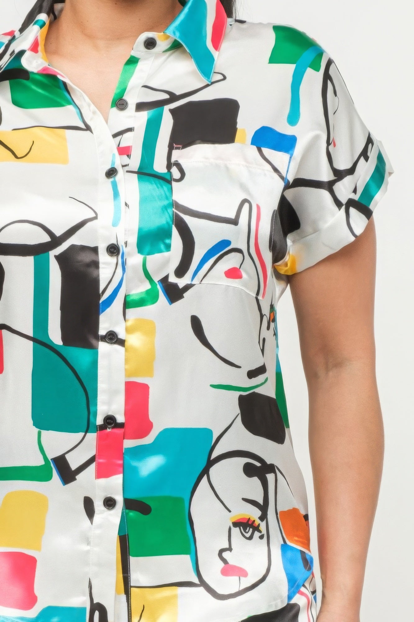 Women's Satin Dolman Printed Collared Shirt Top & Shorts Set Loose Fit Pocket