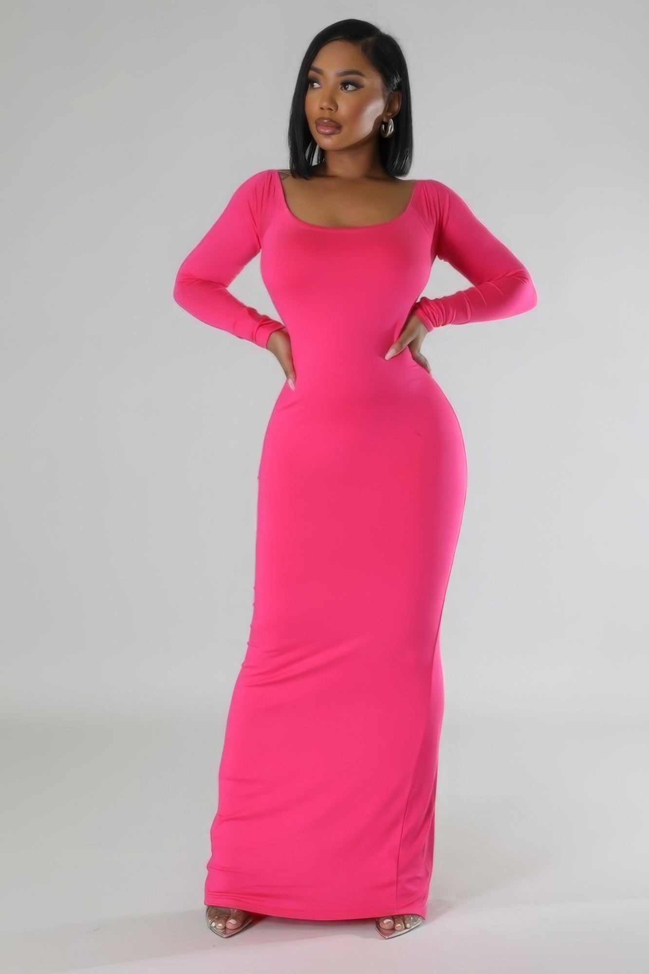 Women's Open Back Stretch Maxi Dress Bodycon Round Neck Long Sleeve Rayon Knit