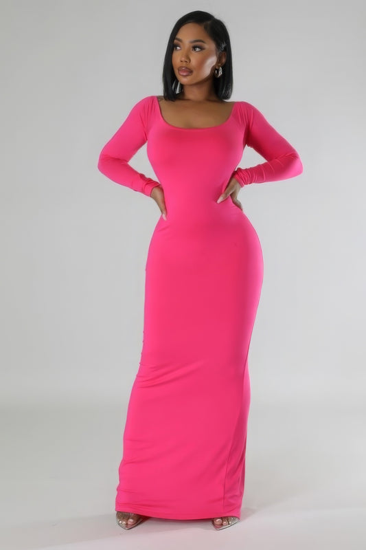 Women's Open Back Stretch Maxi Dress Bodycon Round Neck Long Sleeve Rayon Knit