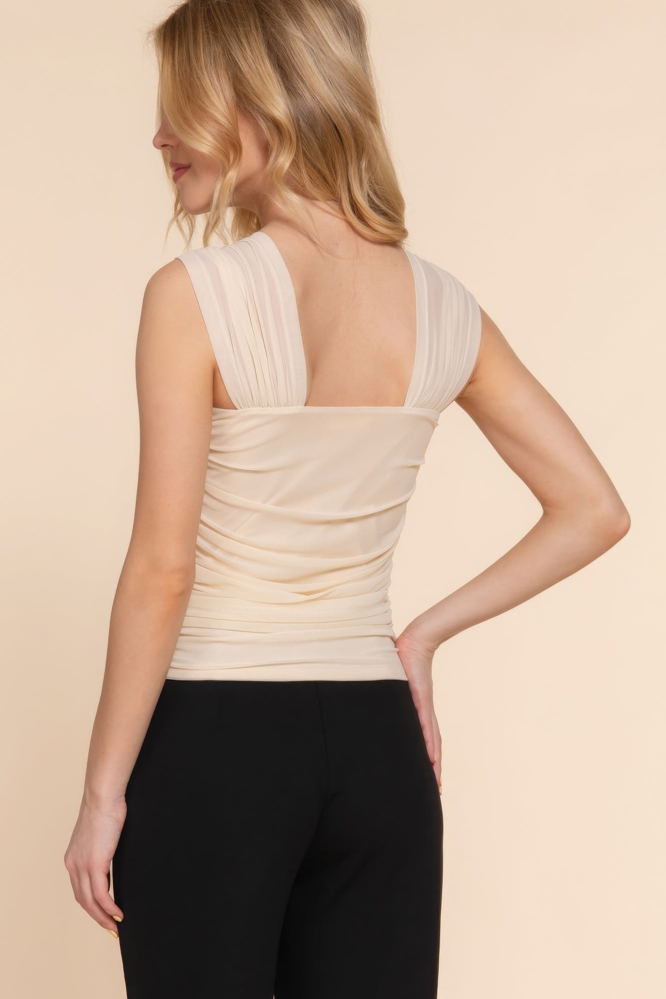 Women's Straight Neck Tank Top Ruched Mesh Knit Sleeveless Stretch Casual Solid