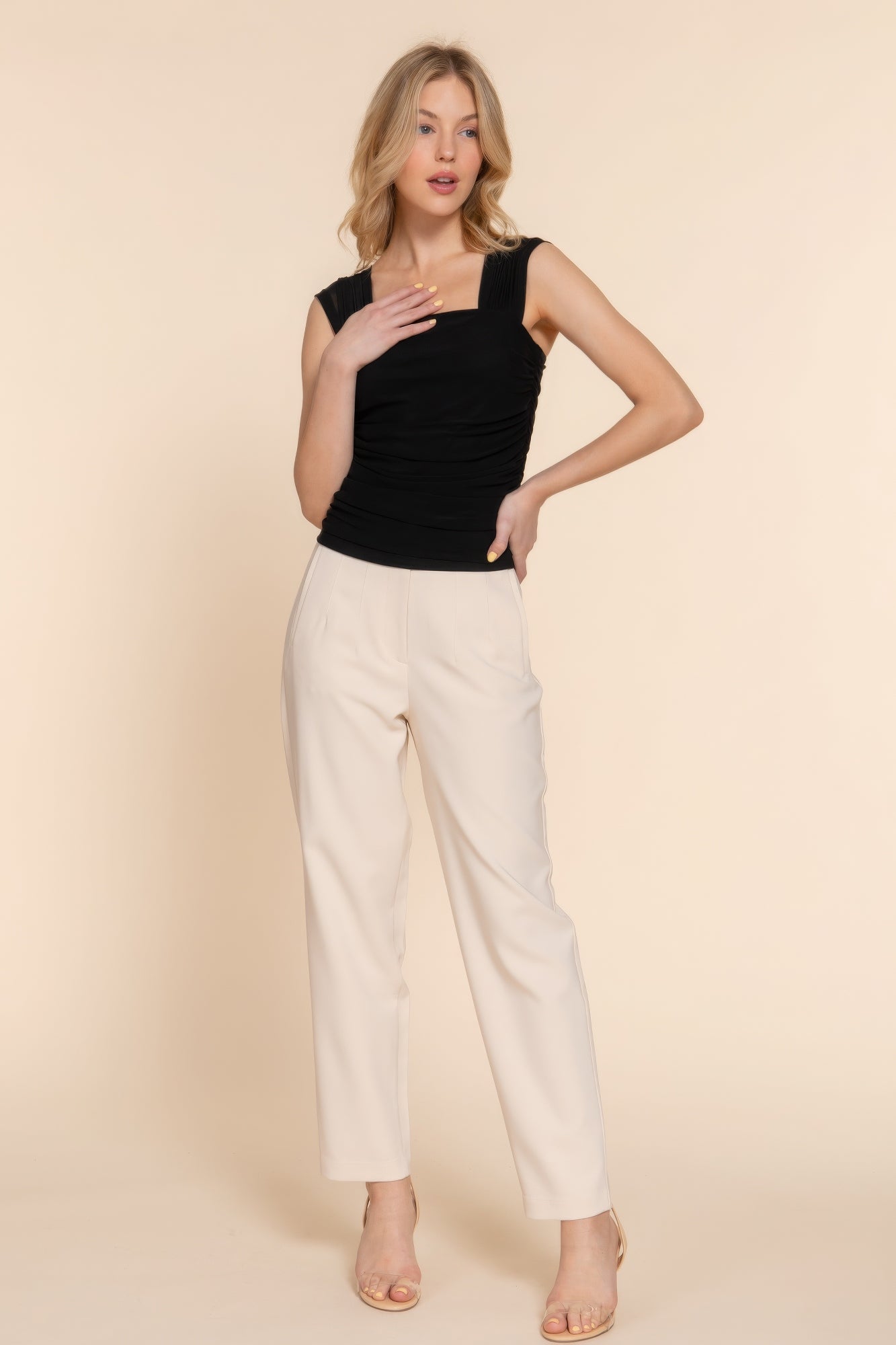 Women's Straight Neck Tank Top Ruched Mesh Knit Sleeveless Stretch Casual Solid