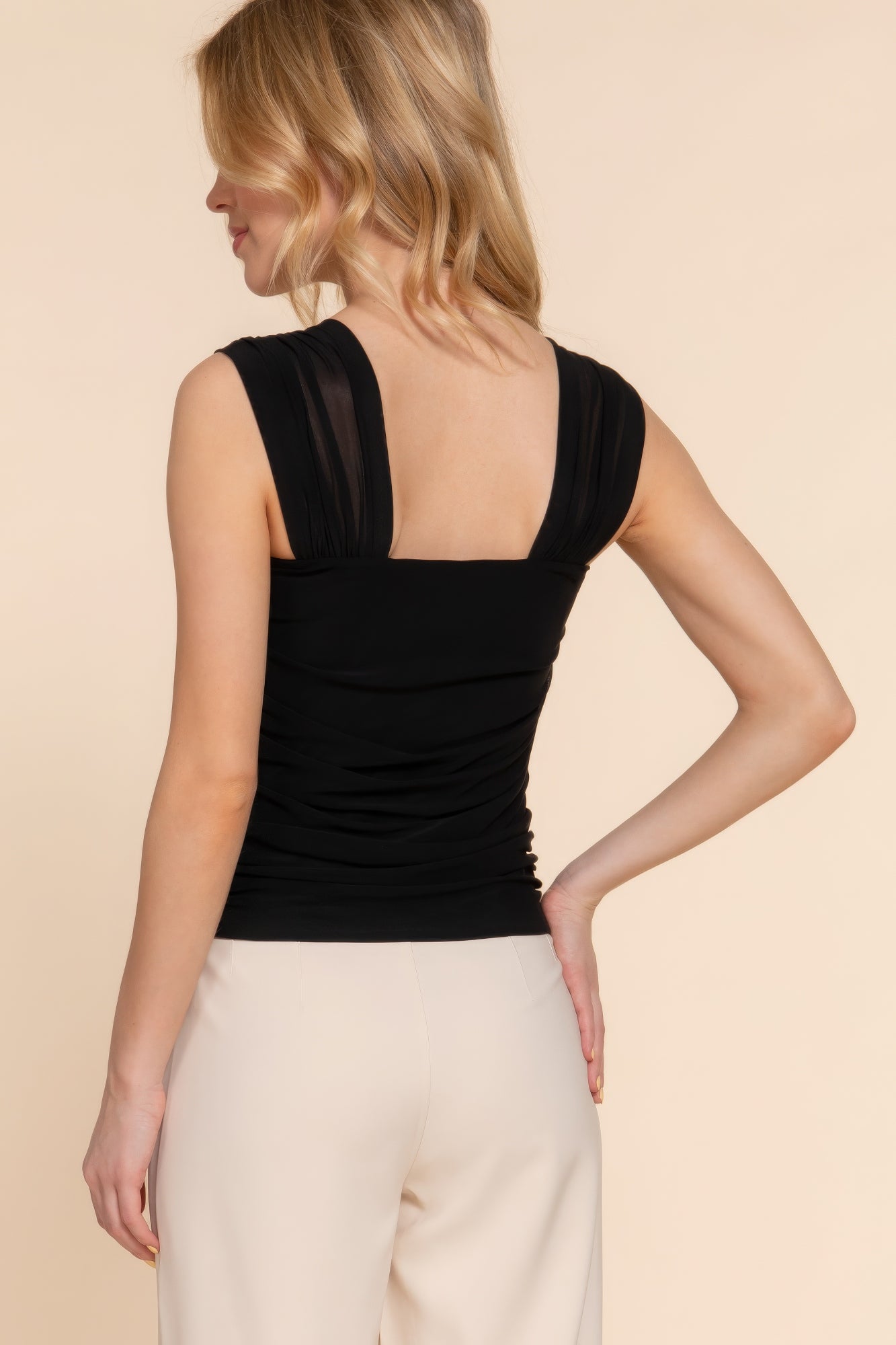 Women's Straight Neck Tank Top Ruched Mesh Knit Sleeveless Stretch Casual Solid