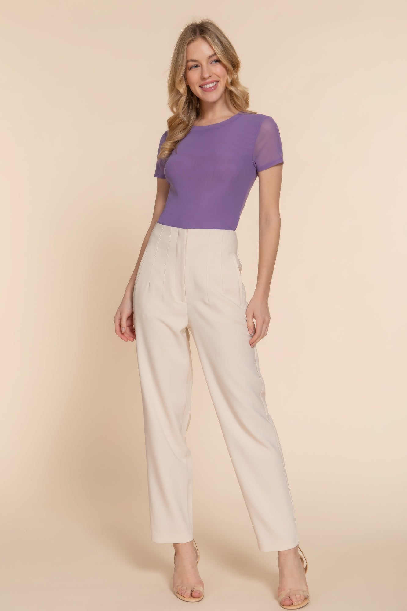 Women's Crew Neck Shirt 2-ply Mesh Knit Short Sleeve Top Stretch Casual Solid