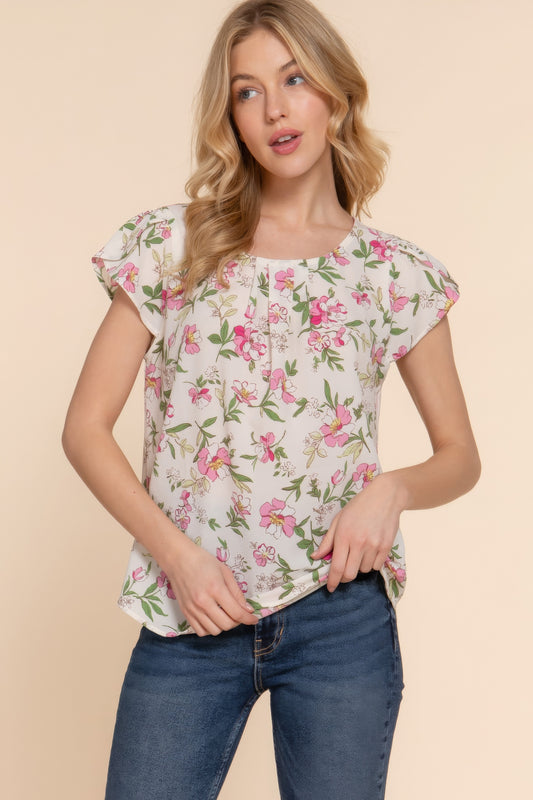 Women's Short Tulip Sleeve Woven Top Round Neck Pleats Printed Soft Blouse Shirt