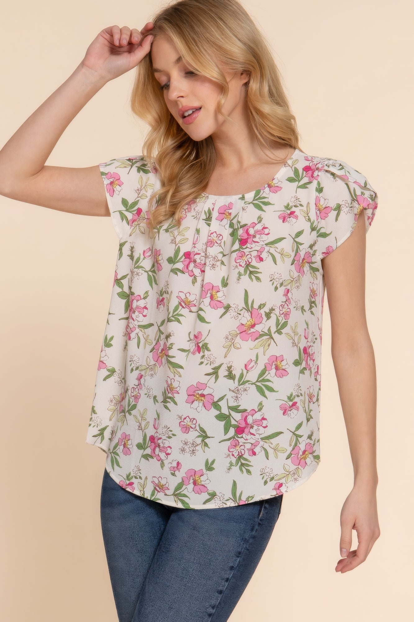Women's Short Tulip Sleeve Woven Top Round Neck Pleats Printed Soft Blouse Shirt