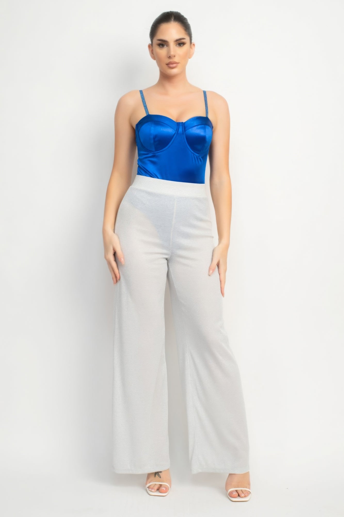 Women's Rhinestone Cami Strap Tank Bodysuit Sleeveless Sweetheart Solid Fitted