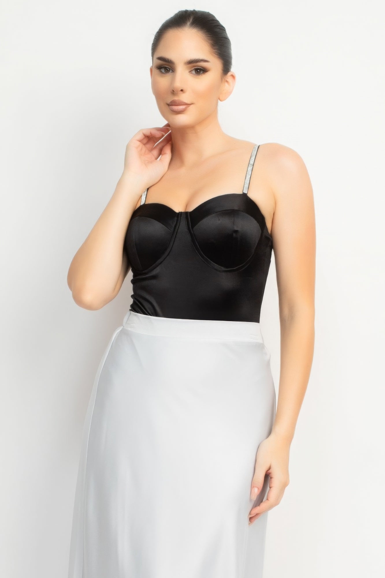 Women's Rhinestone Cami Strap Tank Bodysuit Sleeveless Sweetheart Solid Fitted