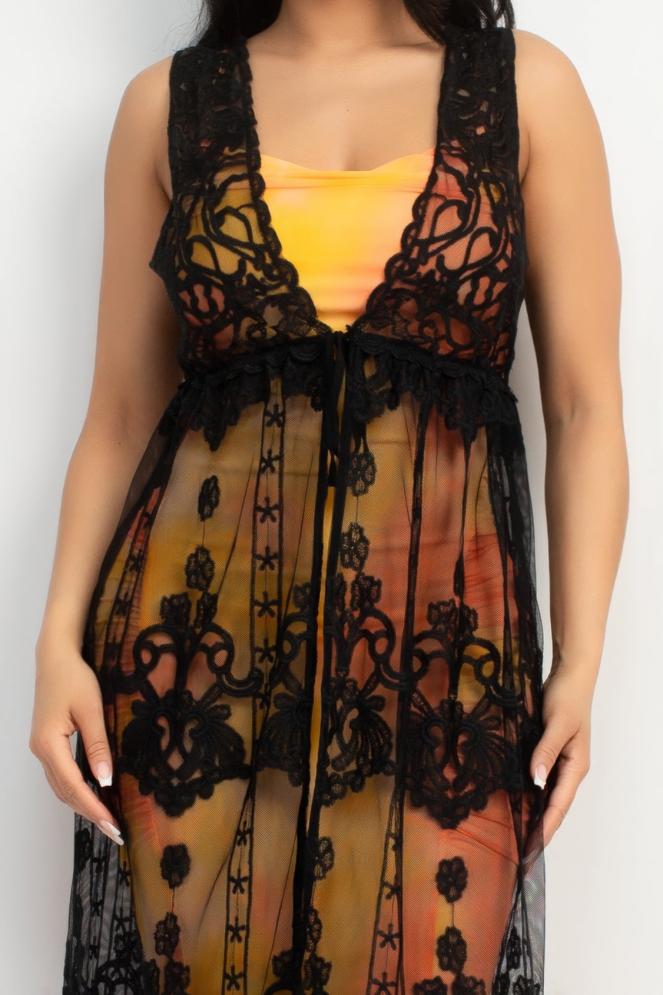 Women's Sheer Embroidered Lace Tank Vest Sleeveless Drawstring Soft Cardigan