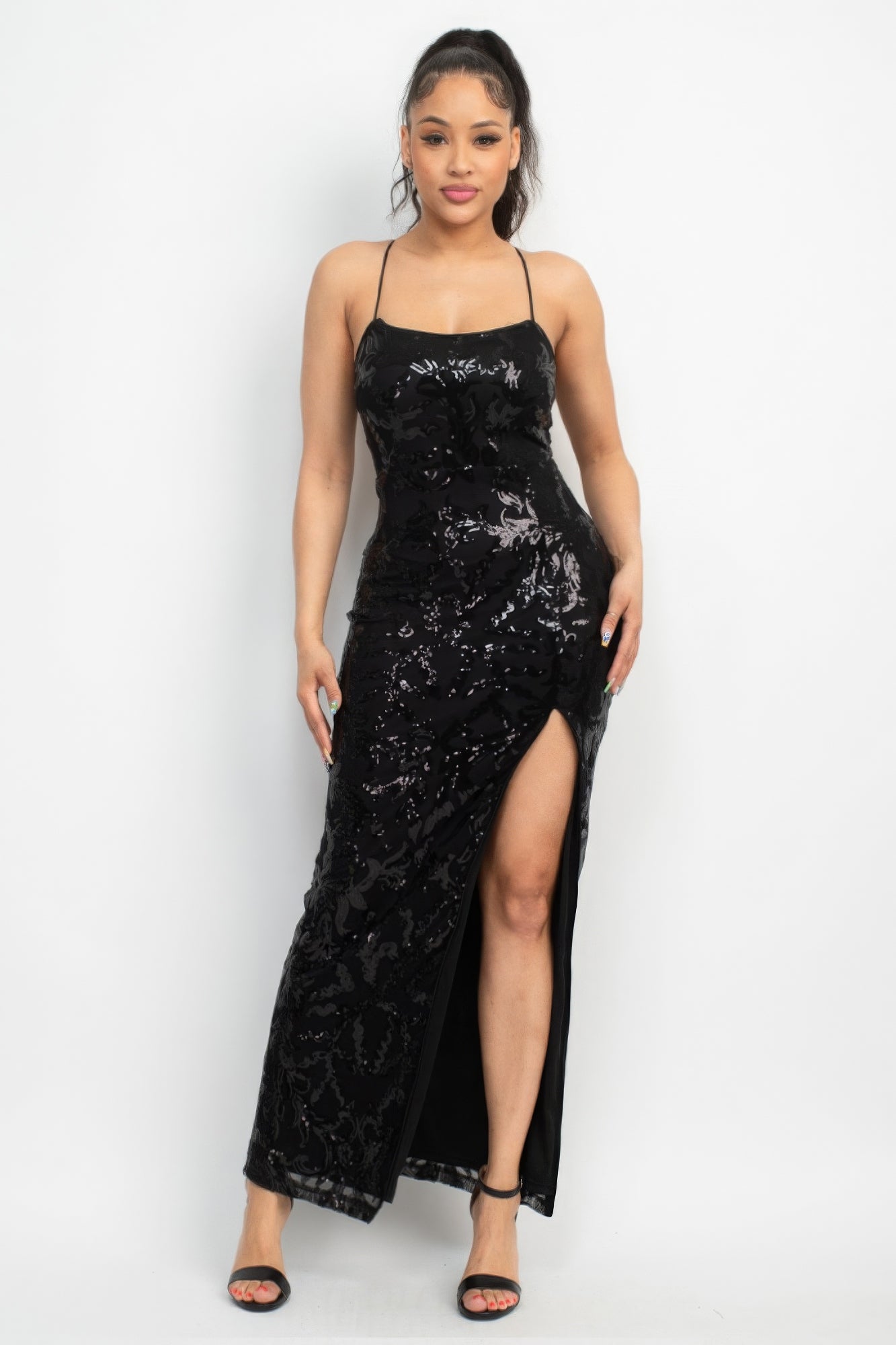 Women's Scoop Neck Maxi Dress Sequin Back-crisscross Tie Slit Bodycon Couture