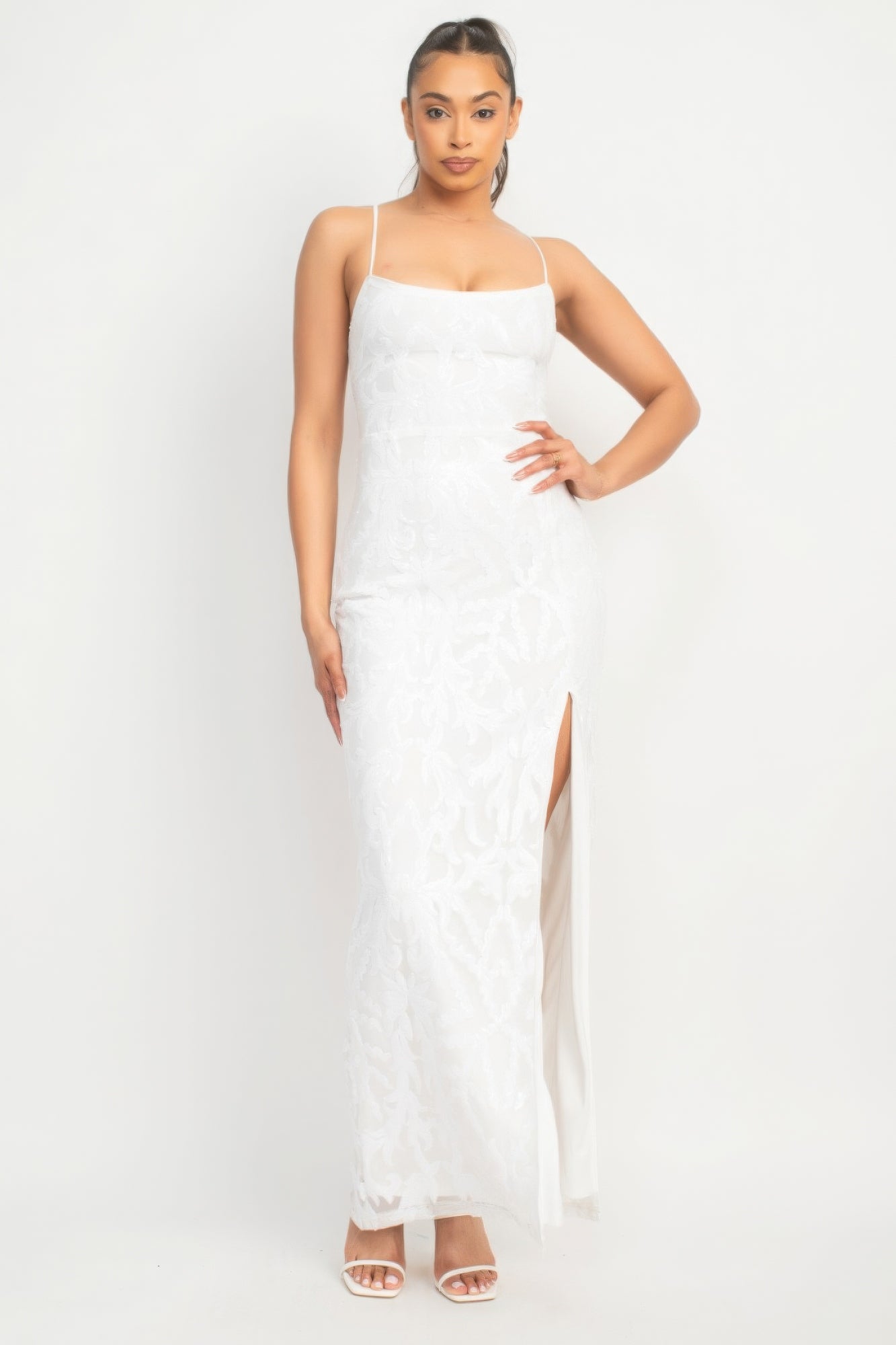 Women's Scoop Neck Maxi Dress Sequin Back-crisscross Tie Slit Bodycon Couture