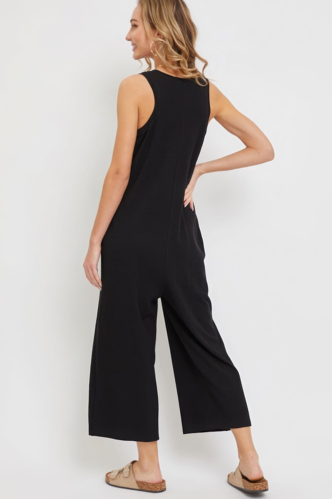 Women's Scoop Neck Buttondown Wide-leg Jumpsuit Sleeveless Pocket Loose Lounge