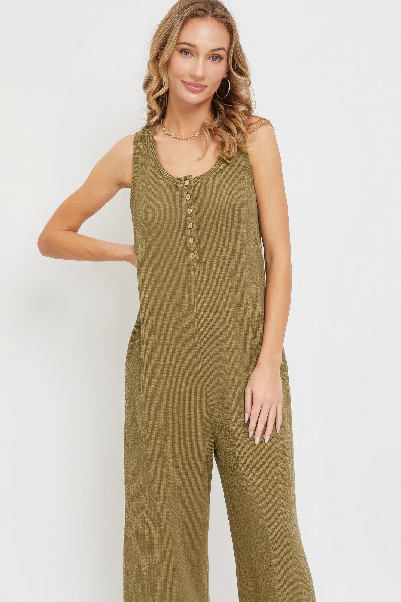 Women's Scoop Neck Buttondown Wide-leg Jumpsuit Sleeveless Pocket Loose Lounge