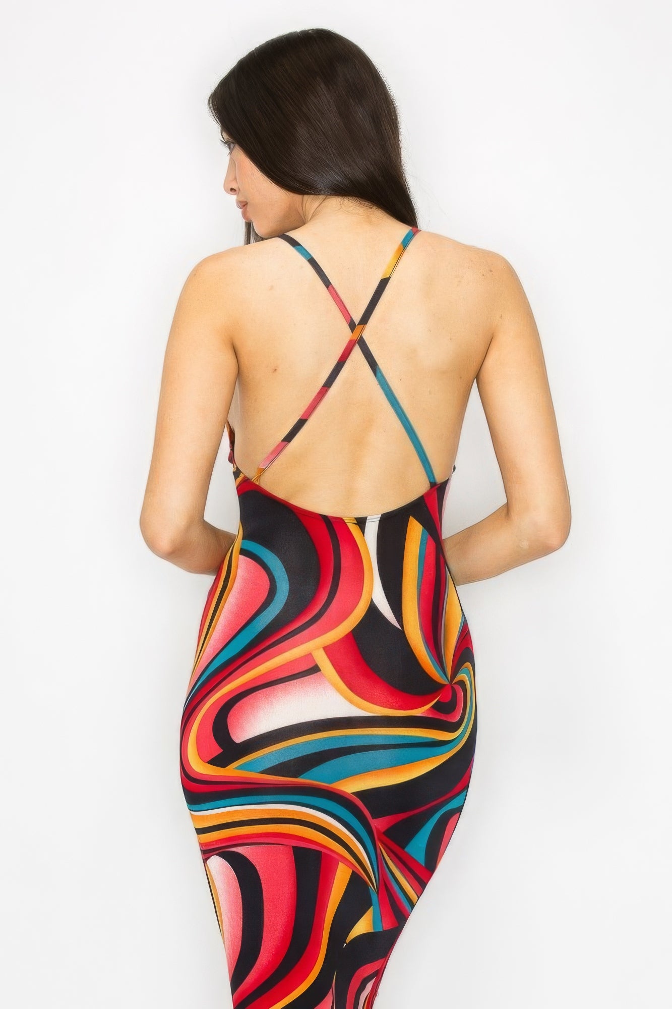Womens Marble Multicolor Bodycon Midi Tank Dress Stretch Sleeveless Crossed Back
